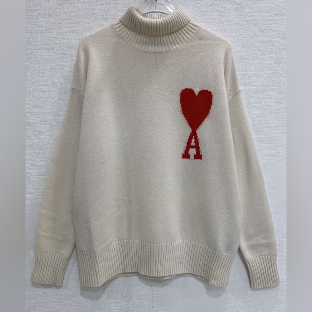 Ami Cream Turtleneck Sweater with Red Heart
